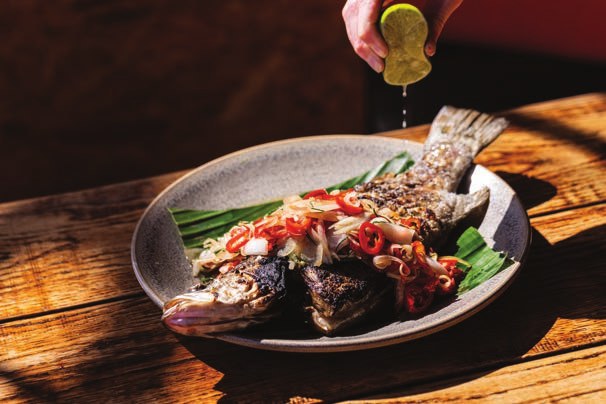 Whole grilled Wyndham barramundi, Asian-style with chilli and lime