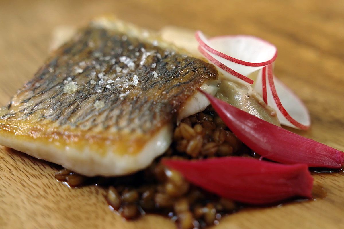 Pan fried barramundi dish